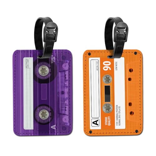 WIRESTER Set of 2 PU Leather Luggage Tag Name Tag Bag Tag for Travel Suitcase Baggage Luggage - Purple Cassette Tape, Orange Cassette Tape - color: Purple Cassette Tape, Orange Cassette Tape