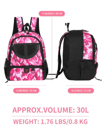 Basketball Bag Backpack for Men Women with Ball & Shoes Compartment 30L Capacity Lightweight Breathable Boys Girls Soccer Ball Bag Backpack Fit Volleyball Football Sports Travel School Gym - color: TK8PinkCamo