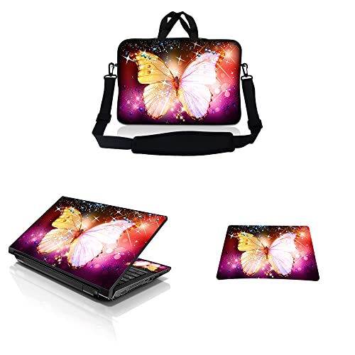LSS 15-15.6" Laptop Sleeve Bag with Matching Laptop Skin Sticker & Mouse Pad Combo | Carrying Case for 14" 15" 15.6" - Sparkling Butterfly - color: Sparkling Butterfly, size: 15 inch