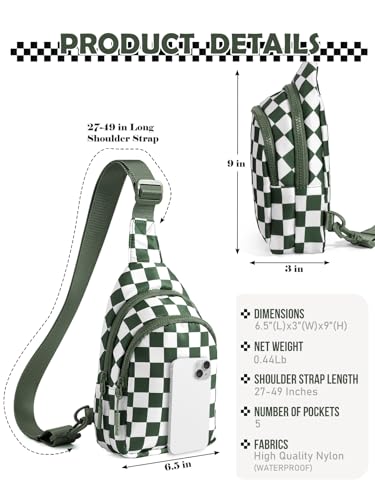 Checkered Sling Bag for Women Small Backpack Crossbody Chest Bag Fanny Packs Purses - color: Checkered Sling Bag - Bean Green