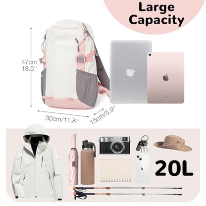 Small Hiking Backpack with Chest Strap for Women, 20L Lightweight Waterproof Travel Backpack with Padded Straps, Durable Cute Casual Hiking Daypack for Traveling Camping, Pink - color: White+pink