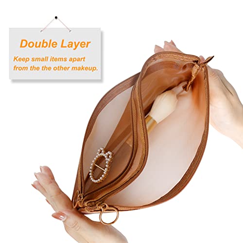 Mesh Cosmetic Bags, 4pcs Nylon Makeup Pouches with Double Zippers for Home Office Purse Diaper Bag (Light Chocolate Brown) - color: Light Chocolate Brown