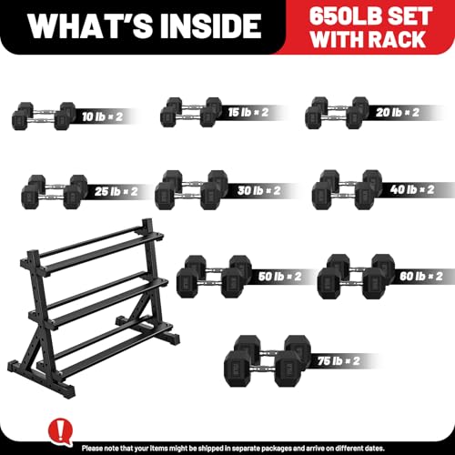 PAPABABE Hex Dumbbell Set with Rack, Rubber Encased Free Weight with Weight Storage Racks, Multiple Weight Options for Home Gym and Fitness - style: 650LB with 3-Tier Weight Rack
