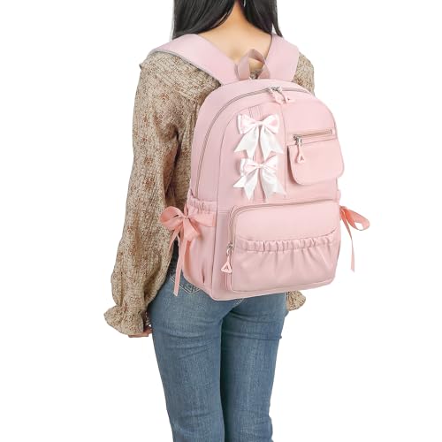 Girls High Middle School Backpack with Bows for Kids Kawaii Coquette Bookbag 5-12 - color: Pink, size: Large (17"h)