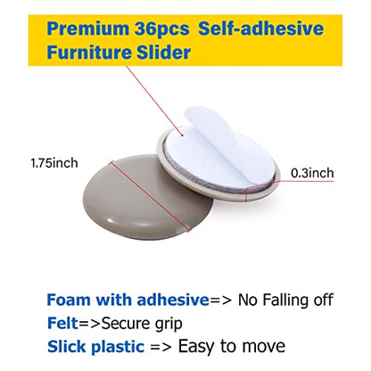 Self-Adhesive Furniture Sliders for Carpets, Furniture Moving Pads (36Pcs) 1-3/4" Furniture Mover Glides, Self Sticks Carpet Furniture Carrier - Move Any Item Quickly and Easily! - size: 1 3/4 inch
