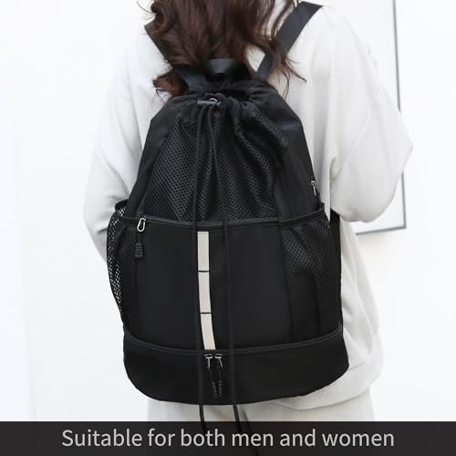 Sports Drawstring Backpack Swim Gym Bag with Wet Proof Pocket and Shoe Compartment for Men Women