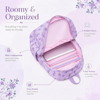 LEDAOU Kids Backpack for Girls Backpacks with Lunch Box, Lightweight Bookbag Set Elementary Middle School Back pack for 8-14 - color: Small Flower Bow - Purple