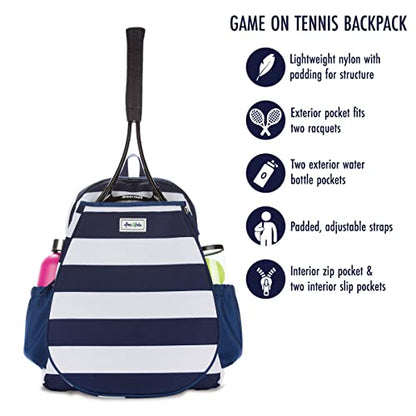 Ame & Lulu Game On Tennis Backpack - Contains Padded & Adjustable Straps - Two Exterior Water Bottle Pockets - color: Captain