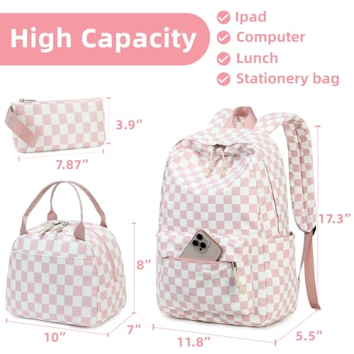LEDAOU Backpack for Girls School Bag Kids Bookbag Teen Backpack Set Daypack with Lunch Bag and Pencil Case | Kids - color: Grid - Pink and White