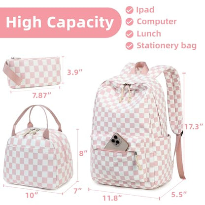 LEDAOU Backpack for Girls School Bag Kids Bookbag Teen Backpack Set Daypack with Lunch Bag and Pencil Case | Kids - color: Grid - Pink and White