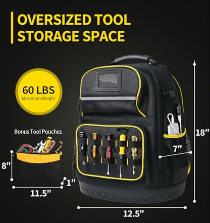 Tool Backpack, Heavy-Duty Tool Organizer Bag for Men Dad Gift, Water-Resistant Technician Tool Carrier w/ Molded Base, Laptop Storage, Backpack for Electricians HVAC Construction Repairman Home Repair