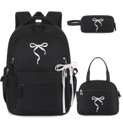 Kids Backpack for Girls - 3PCS Cute Embroidered Bow Girls Backpack with Insulated Lunch Bag & Pencil Case - Bookbag for Teen Women Middle High School College Work Travel Daypack - color: Black