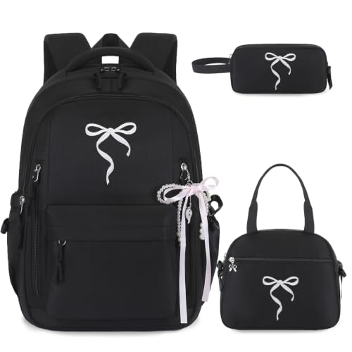 Kids Backpack for Girls - 3PCS Cute Embroidered Bow Girls Backpack with Insulated Lunch Bag & Pencil Case - Bookbag for Teen Women Middle High School College Work Travel Daypack - color: Black