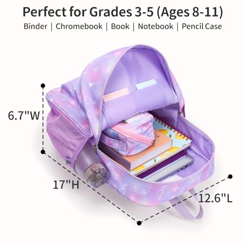 Kids Backpack for Girls - 17 Inch School Bookbag for Grades 3-5 | Elementary Girls Backpack Ages 8-10, Fits Binder Laptop, Reflective Strips, Chest Straps, Comfort Padded S-Straps, Purple - color: Dreamy Purple