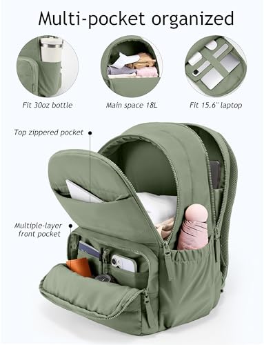 Uselike Travel Backpack for Women, 15.6 Inch Laptop Backpack, Quilted College Bookbag, Cute Work Backpacks, Water Resistant - color: Sage Green