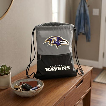 FOCO Baltimore Ravens Big Logo Drawstring Backpack with Zippered Pocket - Limited Edition Ravens Bag - NFL Gear - Officially Licensed Fan Gear - color: Baltimore Ravens