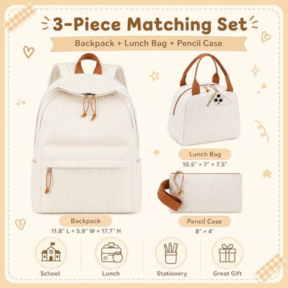 BTOOP School Backpacks for Teen Girls Bookbags Lightweight Kids Backpack School Bags Set with Lunch Box Pencil Case - color: Khaki White Stripe