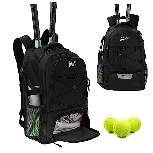 WOLT Tennis Bag - Large Tennis Racket Backpack for Men & Women - Ventilated Shoe Compartment - Holds 2 Rackets - color: Black