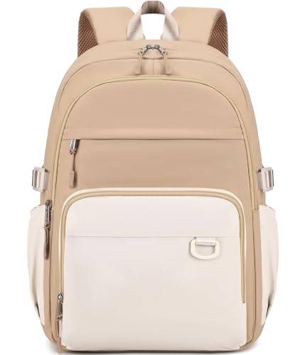 JIANYA Laptop Backpack for College Women Travel Backpack Big Student School Bag, Water Resistant Fits 15.6" Notebook - color: Khaki+beige
