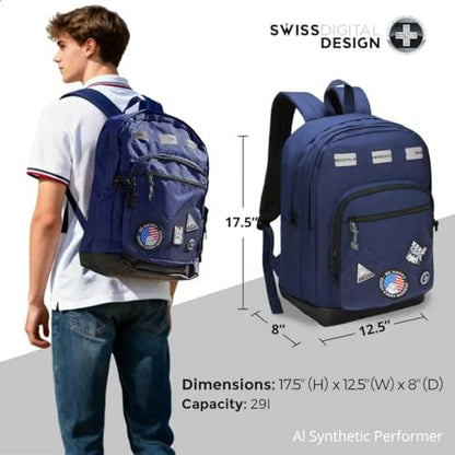 Swissdigital Design Big Student Laptop Backpack with Fun Personalized Patches For College Men & Women, Middle High School Teen Bookbag Cool Travel Daypack Blue -Includes 3 Patches | SD1718-12 - color: Dark Blue