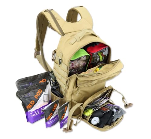Lightning X Stocked Modular Trauma & Bleeding First Aid Responder Medical Backpack + Kit (Tan w/Hydration Bladder) - color: Tan W/ Hydration Bladder