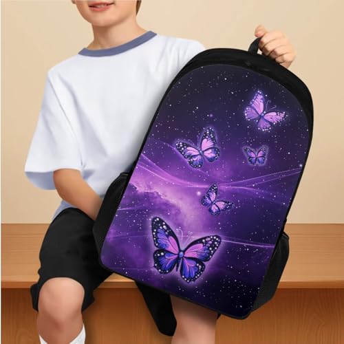 Flashideas Aesthetic Galaxy Butterfly Backpack for Girls Kids Backpack with Lunch Box 32 Ounce Water Bottle and Water Bottle Carrier 4Pcs Set 17" Bookbag with Compartments Large Capacity School Bag - color: Aesthetic Purple Galaxy Butterfly