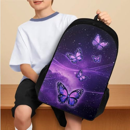 Flashideas Aesthetic Galaxy Butterfly Backpack for Girls Kids Backpack with Lunch Box 32 Ounce Water Bottle and Water Bottle Carrier 4Pcs Set 17" Bookbag with Compartments Large Capacity School Bag - color: Aesthetic Purple Galaxy Butterfly