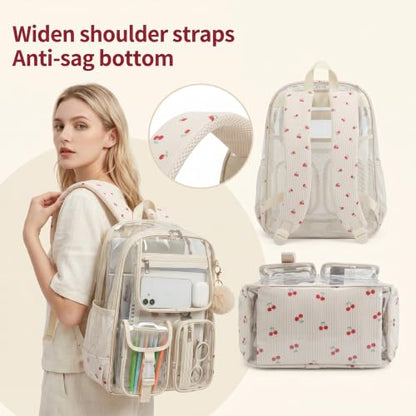 Clear Backpacks for Girls Women, Heavy Duty PVC Transparent School Bookbag See Through Back Pack for College Work Travel (Cherry Beige) - color: Cherry Beige