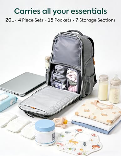 Babelio Grid Wizard Diaper Bag Backpack - Multi Function Waterproof Diaper Bag, Travel Essentials Baby Bag with 4 Individual Organizers, Insulated Bottle Holders, Baby Shower Gifts, Grey - color: Grey, size: Upgraded - 20L