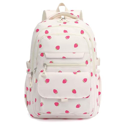 Phaoullzon Girls High Middle School Strawberry Backpack for Kids Kawaii Bookbag College Daypack,Strawberry - color: Beige Strawberry, size: Large (17.5 Inch)