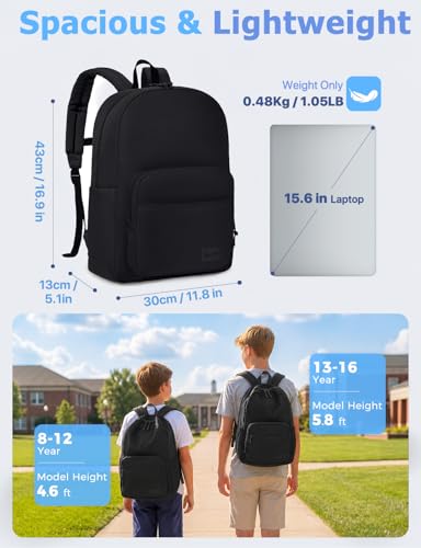 VASCHY School Backpacks, Lightweight Bookbag Schoolbag for Boys Girls Casual Basic Simple Daypack for Men Women Black - color: Black