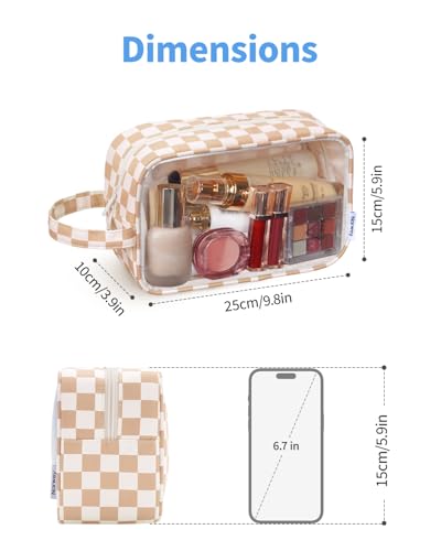 Narwey Clear Toiletry Bags for Traveling Women Men, Clear Travel Bags for Toiletries Makeup Bag Cosmetic Bag with Zipper, Make Up Organizer, Skincare Bag (Light Brown Checkerboard) - color: Y-Light Brown Checkerboard