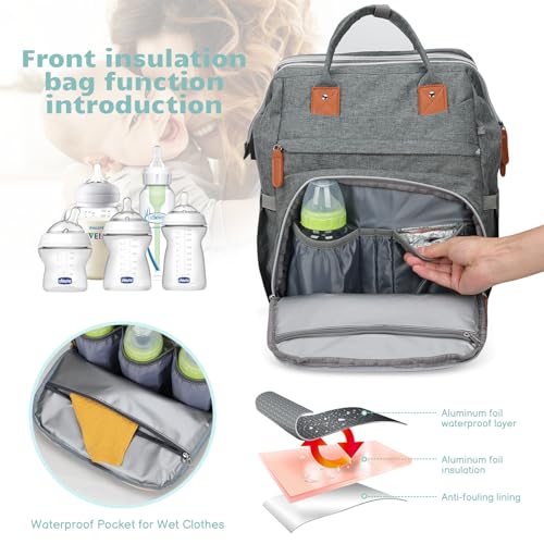 Diaper Bag Backpack for New Parents, Large Capacity Baby Travel Bag with Bottle Holders, Multiple Compartments (Grey) - color: Grey