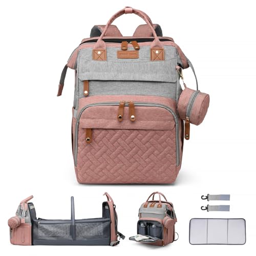 Baby Diaper Bags with Changing Station Multifunctional Waterproof Diaper Bag Backpack Travel Baby Bag with Changing Pad, Pacifier Case,Baby Essentials(PinkGrey) - color: Up-pinkgrey