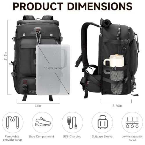 SWICKY Travel Backpack for Men, 50L Carry On Flight Approved Convertible Duffle Bag with Shoe Compartment, 17 inch Laptop Backpack Luggage Bag with USB Charging Port for Weekender Camping Hiking