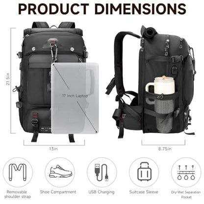 SWICKY Travel Backpack for Men, 50L Carry On Flight Approved Convertible Duffle Bag with Shoe Compartment, 17 inch Laptop Backpack Luggage Bag with USB Charging Port for Weekender Camping Hiking