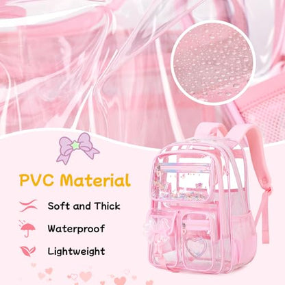 MOONBABY Clear Backpack for Girls, Clear Bookbag Heavy Duty Transparent Backpack for Stadium Events, See Through Back Pack for Kindergarten Elementary Middle High School, Pink - color: Pink