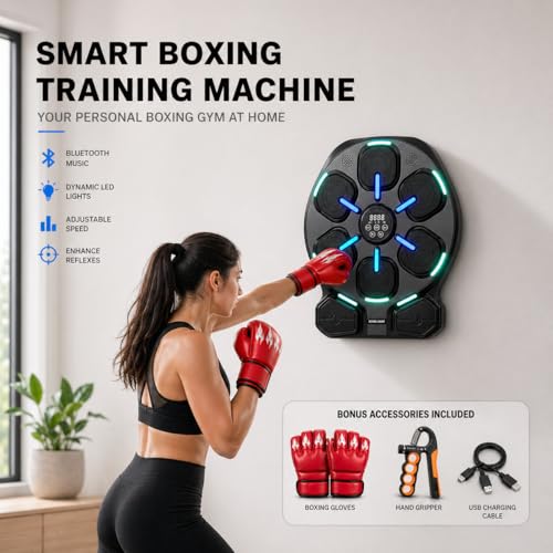 Smart LED Music Boxing Machine, Reaction Boxer Training Device with Light-Up Targets & Music, Reflex Speed Trainer for Home Workout, Adjustable Hand Grip Strengthener with Counter, Fitness Bundle
