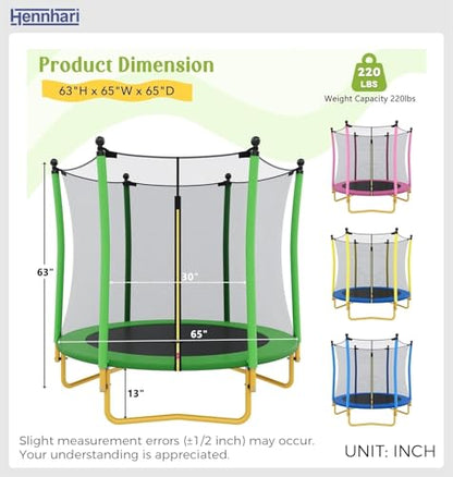 5 FT Kids Trampoline with Safety Enclosure Net, Indoor Outdoor Toddler Trampoline with U-Shaped Legs & Foam Poles, Mini Trampoline for Kids - color: Green