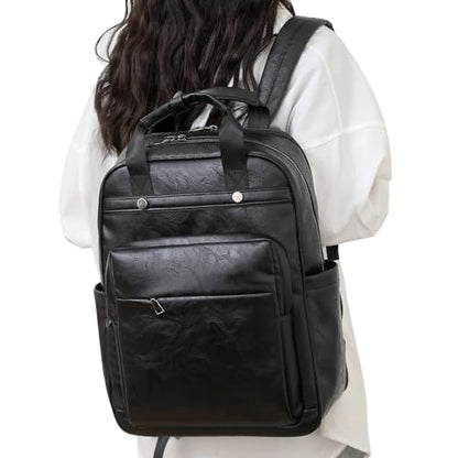 Rcrirth PU Leather Laptop Backpack for Women | 17 Inch Laptop Backpack for Work - Large Capacity Computer Bag Nurse Bag Casual Daypack (Black) - color: Black