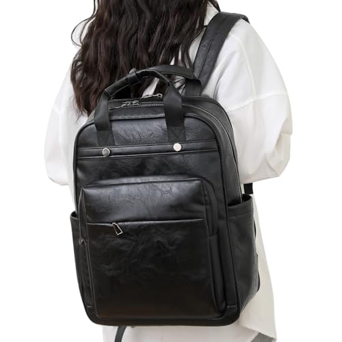Rcrirth PU Leather Laptop Backpack for Women | 17 Inch Laptop Backpack for Work - Large Capacity Computer Bag Nurse Bag Casual Daypack (Black) - color: Black