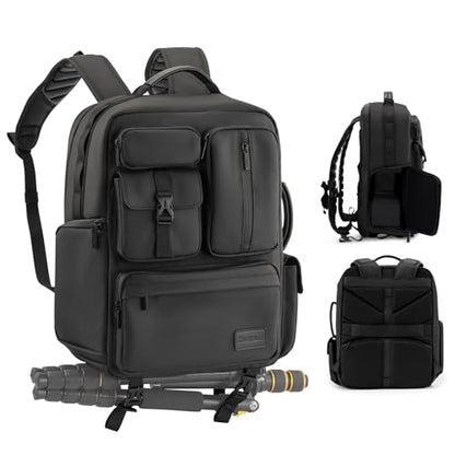Cwatcun Camera Backpack, DSLR/SLR/Mirrorless Camera Bag for Photographers, Waterproof Leather Coating Camera Case with Tripod Holder&Laptop Compatible with Canon/Nikon/Sony/Fuji - color: Black