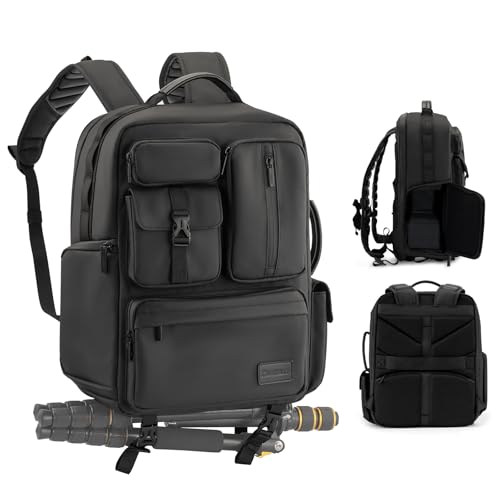 Cwatcun Camera Backpack, DSLR/SLR/Mirrorless Camera Bag for Photographers, Waterproof Leather Coating Camera Case with Tripod Holder&Laptop Compatible with Canon/Nikon/Sony/Fuji - color: Black