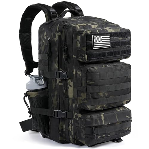Military Tactical Backpack 50L Large Day Backpack for Men Molle Army 3 Days Assault Pack Bug Out Bag Water Resistant and Heavy Duty Hiking Treeking Rucksack - Black Camo - color: Black Camo, size: 50L