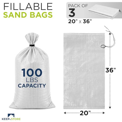 Heavy Duty Sand Bags Pack of 3, White Empty Sandbags with Built-In Ties, Woven Polypropylene UV Protection 1600 Hours, Fillable Bags for Flood Control, Weight, 20x36 inches, 100 Pounds Volume - size: 20"W x 36"L, style: Pack of 3