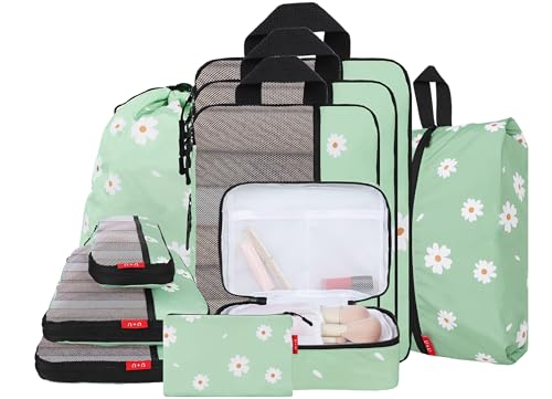 U+U 10 Set Compression Packing Cubes - Ultralight Travel Organizers with Laundry Bag and Cosmetic Bag, Space-Saving Suitcase Organizer for Travel, Business Trip and Family Vacation (Daisy) - color: Daisy, size: 10 Set