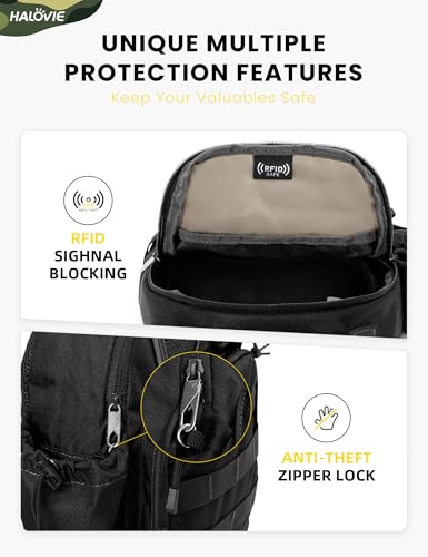 HALOVIE Anti-theft Tactical Sling Bag RFID Black Military Shoulder Bag with Phone Pack EDC Molle Crossbody Bag for men - color: Black