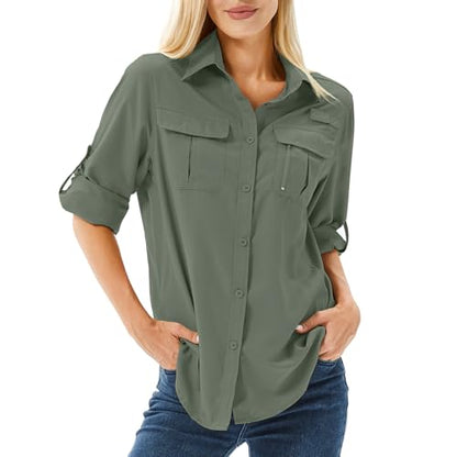 Women's UPF 50 Long Sleeve Sun Protection Safari Fish Hiking Shirts - color: Mountain Green, size: Small