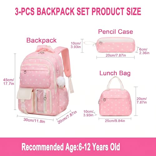 3PCS Kids Backpack Set, School Backpack with Lunch Bag & Pencil Case, Lightweight Waterproof Bookbag for Kids (Pink Heart) - color: Pink Heart