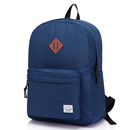 VASCHY Lightweight Backpack for School, Classic Basic Water Resistant Casual Daypack for Travel with Bottle Side Pockets (Navy) - color: Navy Blue